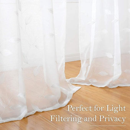 HOMEIDEAS White Sheer Curtains 52 X 84 Inches Long 2 Panels Embroidered Leaf - Image 9