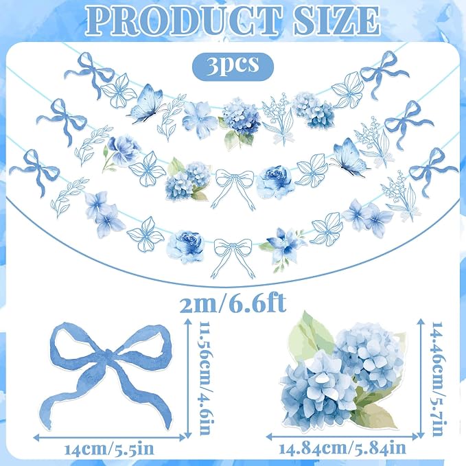 Blue Party Decorations, with 3 Pre-strung Flower Banners and 20 Hanging Swirls - Image 3