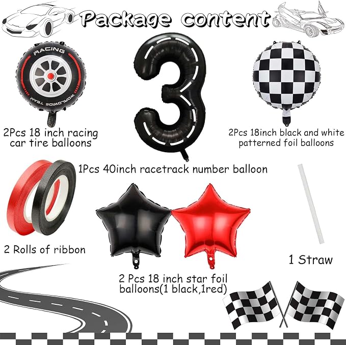 Race Car Balloons, 40 Inch Racetrack Number 3 Balloon, Big Number Balloons Black - Image 7