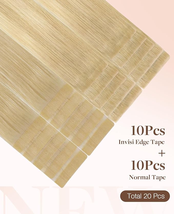 GOO GOO Invisi Edge Tape in Hair Extensions Human Hair, 18AT60A Pearl Ash Blonde Highlights 10pcs injected with 10pcs classical tape ins, 10inch 30g, Virgin Remy Hair, Natural Look
