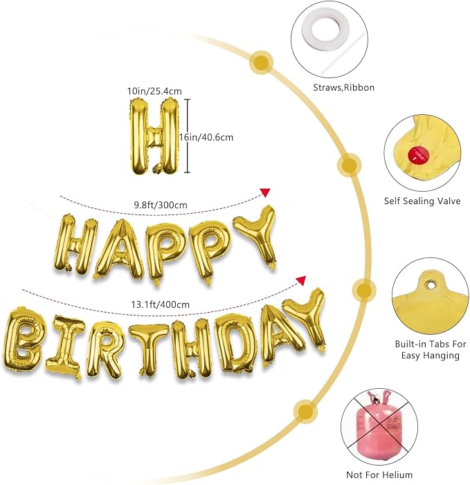 Gold Happy Birthday Balloons Banner 16 Inch Mylar Foil Letters, Inflatable - Image 2