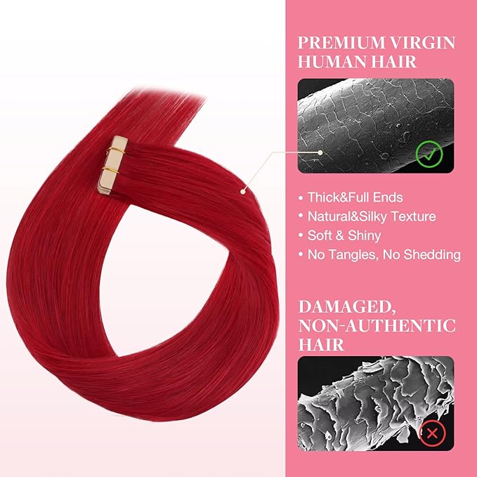 GOO GOO Tape in Hair Extensions Human Hair, Red, 18inch 25g 10pcs, Colored Tape ins Human Hair Extensions, Silky&Soft Invisible Tape Ins, Hair Highlighted for Party
