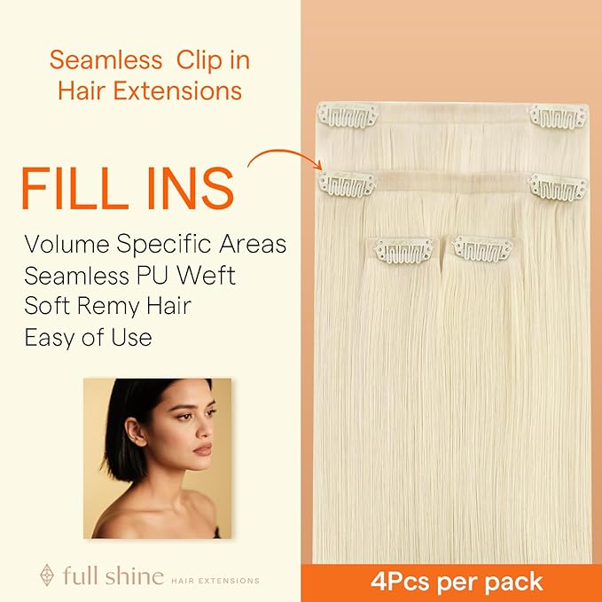 Full Shine Blonde Seamless Hair Extensions Clip Ins, Color 1000 Blonde Seamless Clip in Hair Extensions Human Hair, PU Weft Invisible Straight Remy Hair Add Volume&Coverage, 4Pcs 12 Inch 55 Grams