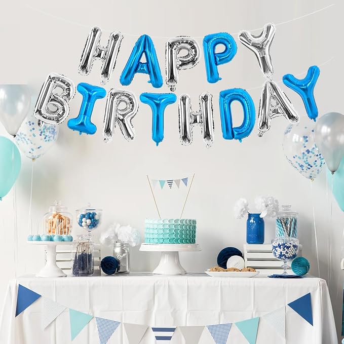 TONIFUL 16 Inch Deep Blue Silver Happy Birthday Balloons Banner Decorations | - Image 3