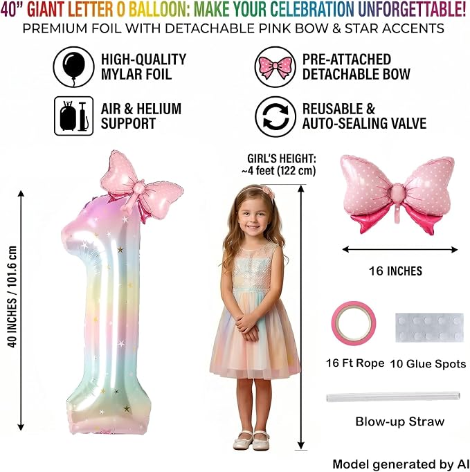40 Inch Giant Number 1 Balloon Rainbow Foil Mylar Balloon - Image 2