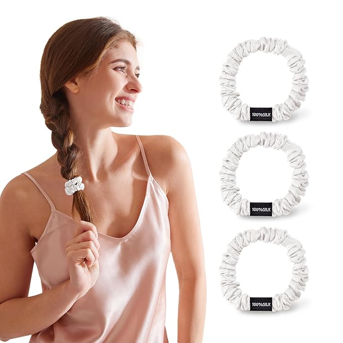 THXSILK 100% Mulberry Silk Scrunchies 3-Pack, 25 Momme Mulberry Silk Hair Ties for Women, Sleek Low Profile No Damage Ponytail Holders, for Fine Hair & Everyday Use, Pearl White