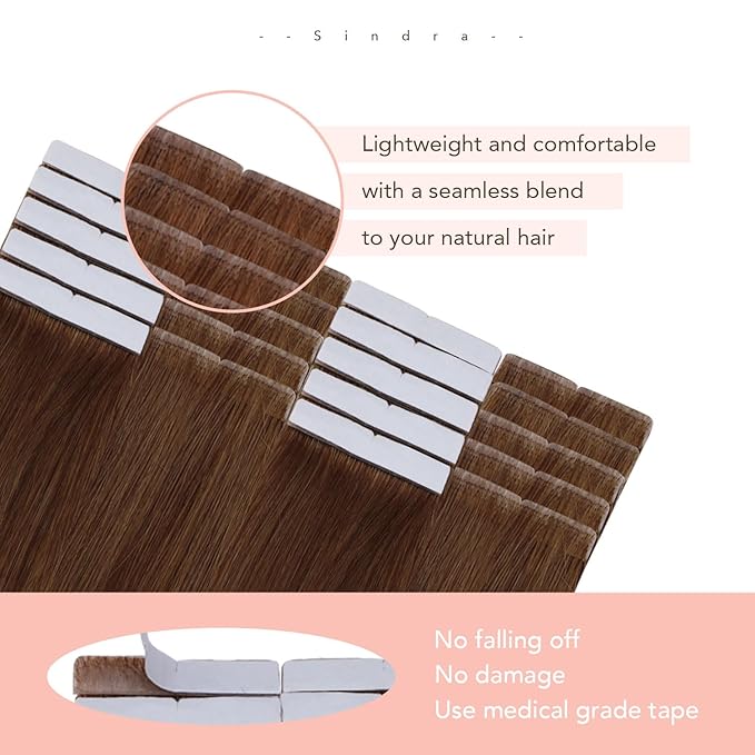 Sindra Invisi Edge Tape in Extensions Human Hair, Auburn Ginger Invisible Seamless Extensions Real Human Hair 16 Inch 45g 20pcs Injected Tape ins