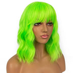 Short Bob Wigs with Bangs for Women Loose Wavy Wig Curly Wavy Shoulder Length Bob Synthetic Cosplay Wig for Girl Colorful Costume Wigs (Neon Green)