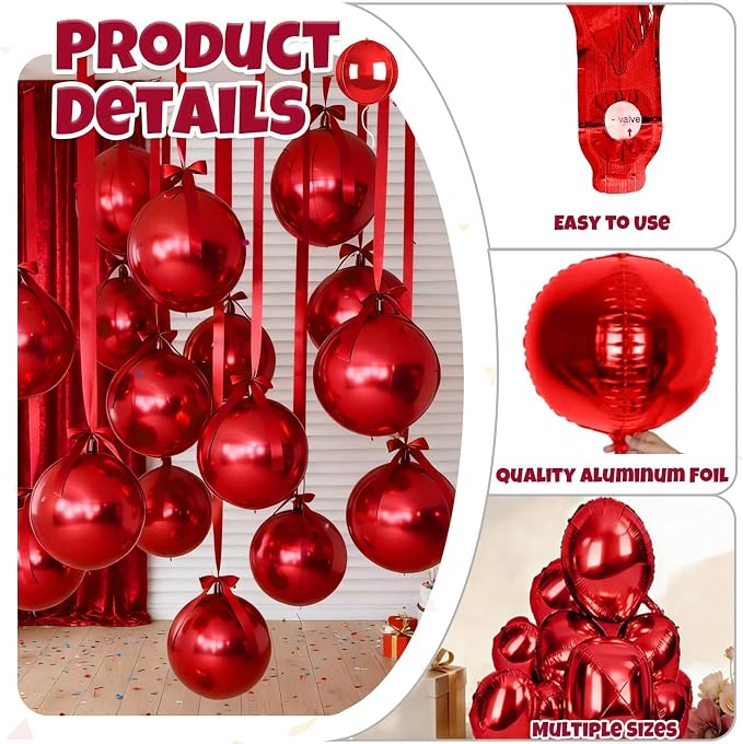 12Pcs Red Round Balloons Foil, Big Metallic Red Foil Balloons Helium - Image 3