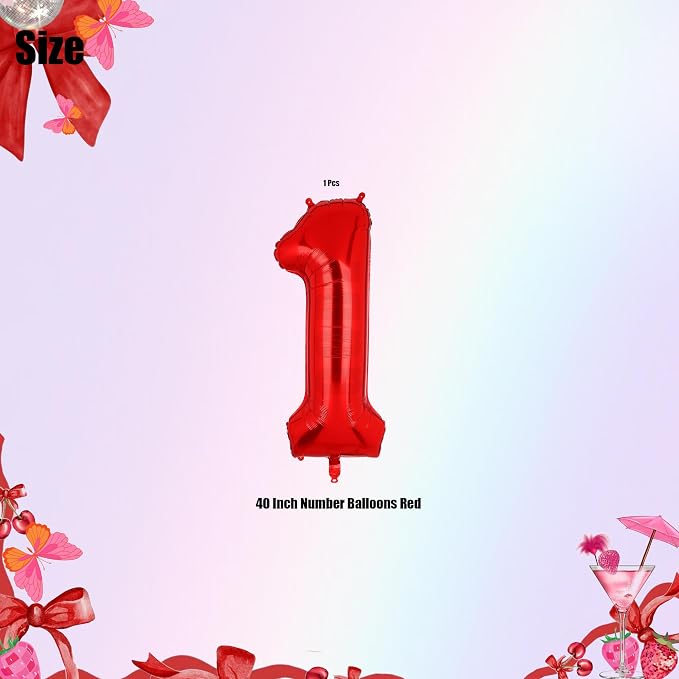 40 Inch 1 Red Number Balloons Mylar Foil Balloons 1st Birthday Party Decor | - Image 2