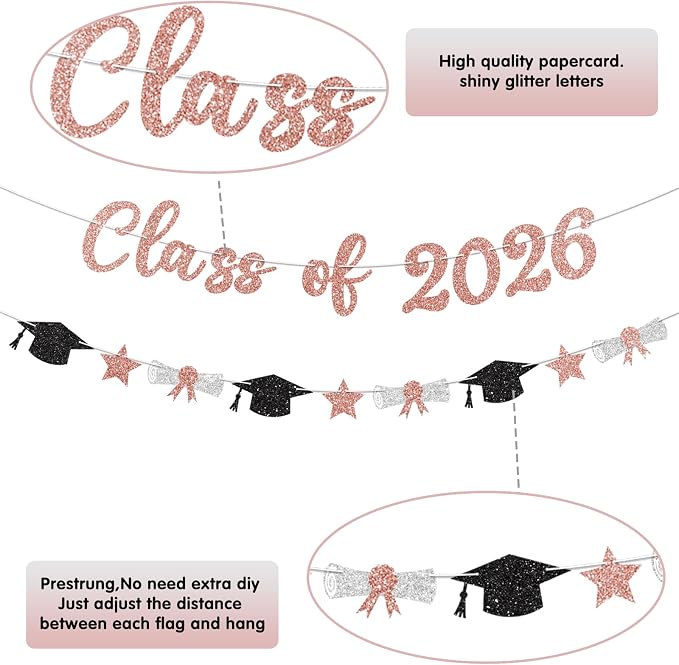 Class of 2026 Banner Rose Gold Graduation Decorations Prestrung 2026 Graduation - Image 3
