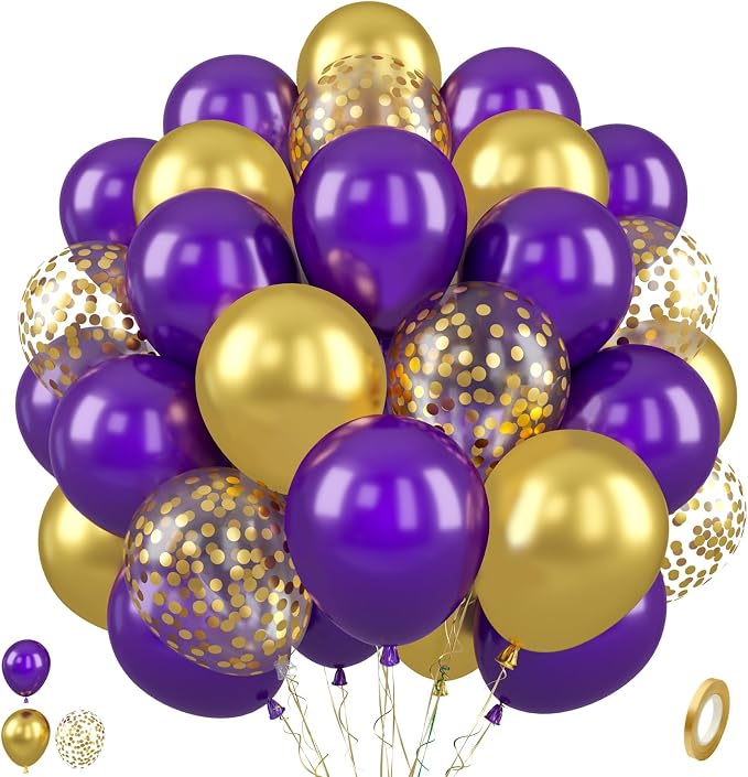 Paready Purple and Gold Balloons, 12 Inch Retro Purple Metallic Gold Confetti by Paready