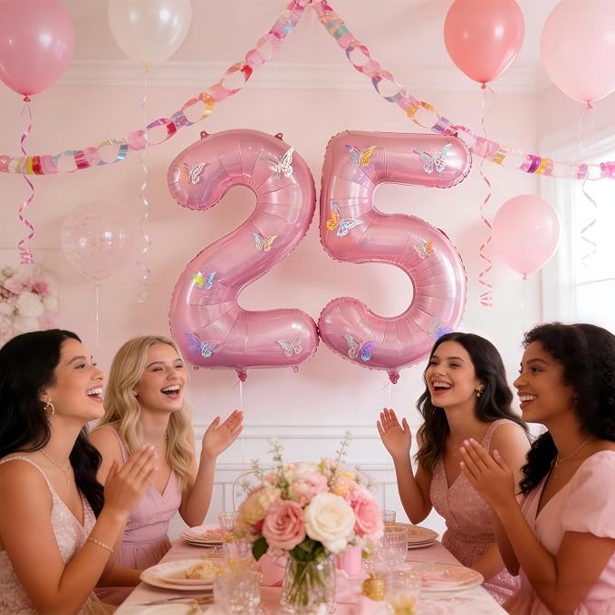 40 Inch Number Balloon Pink Large Mylar Foil Pink Number Balloons and Butterfly - Image 5
