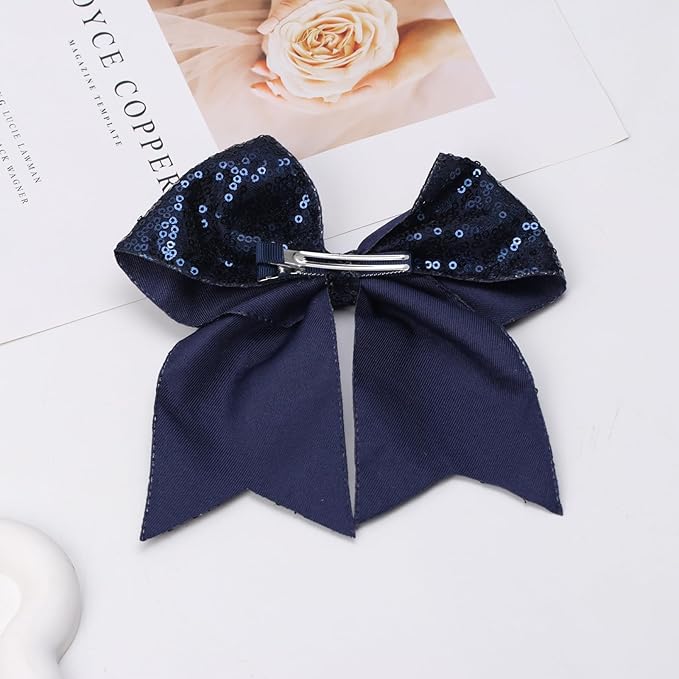Large Glitter Cheer Bows Clips, Jumbo Big 7 Inch Cheerleading Sequin Hair Bow Hair Accessories for Teens Girls Football Sports Cheerleader Outfit Uniform (Navy Blue)