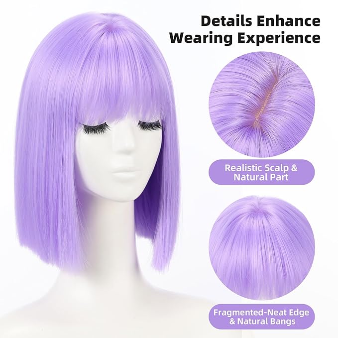 Allbell Light Purple Wigs for Women Short Bob with Bangs Heat Resistant Synthetic Hair 12 inch for Daily Party Halloween Costume Use