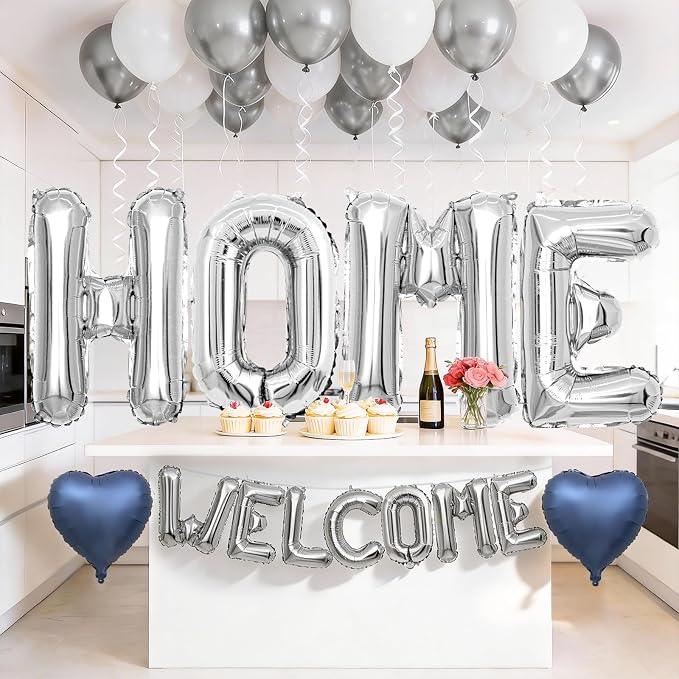 Welcome Home Balloons Blue Silver, 40Inch HOME and 16Inch Welcome Foil Balloons - Image 6