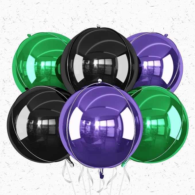 6Pcs Black Green Purple Round Foil Balloons, Giant 4D Round Ball Balloon by Adorely