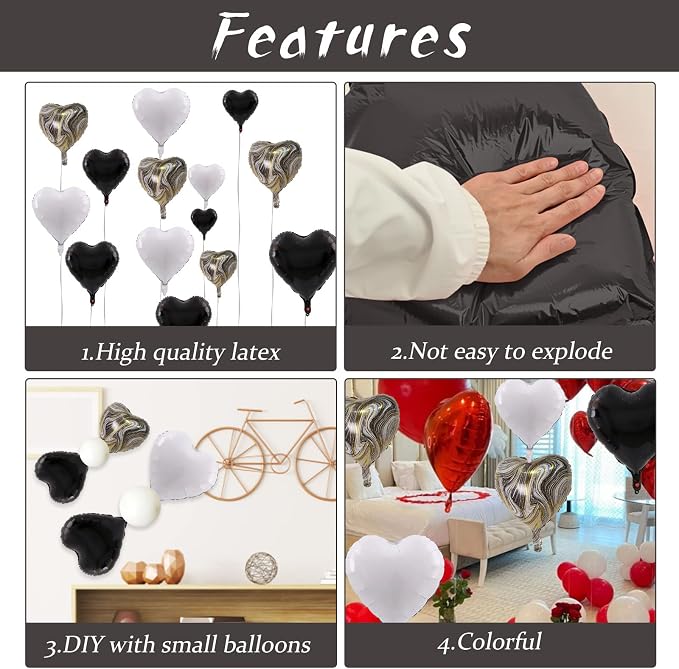Black White Foil Heart Balloons, Valentines Balloons 18inch Black Foil Balloon - Image 4
