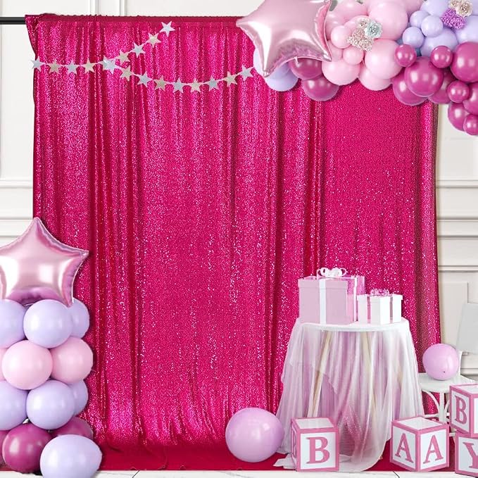 PartyDelight Hot Pink Sequin Backdrop Curtains 6x8ft | Sparkly 3mm sequins - Image 3
