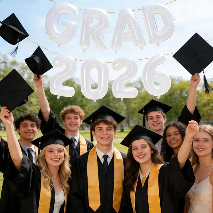 White GRAD 2026 Banner Balloons, 16 Inch Mylar Foil letter Graduation Balloons - Image 3