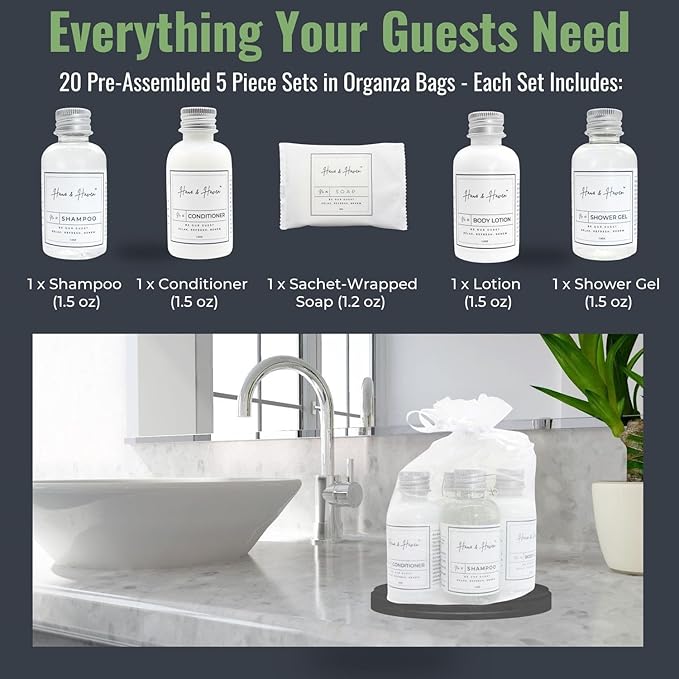 Haus & Haven Hotel Toiletry Sets - 20 Pre-Assembled 5-Piece Guest Amenities in Organza Bags - shampoo, conditioner, shower gel, body lotion and bar soap - White Tea Scent