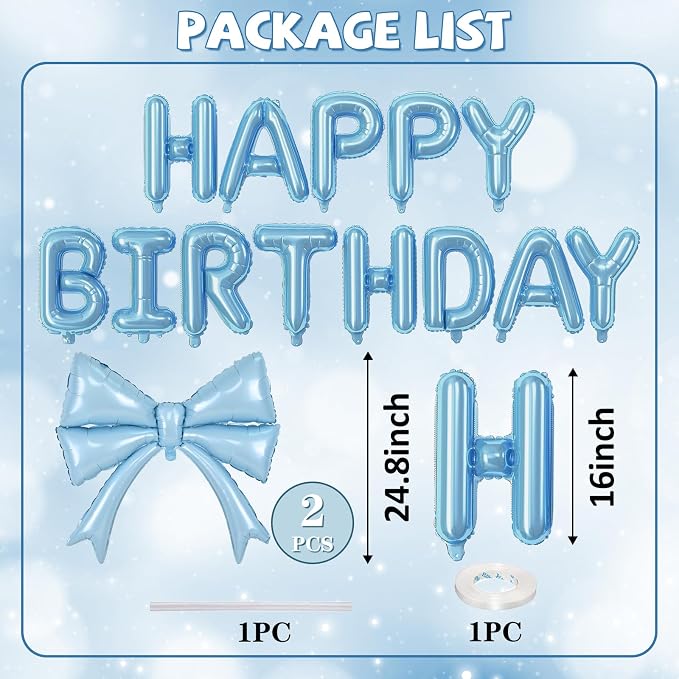Blue Bow Happy Birthday Balloons Banner, 22 Inch Baby Blue Bow Foil Balloons - Image 4