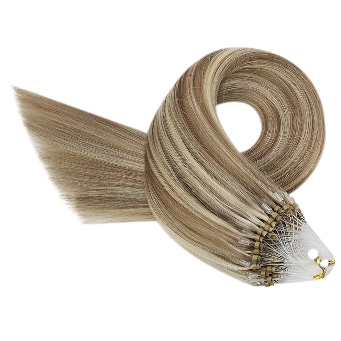 YoungSee Microlink Hair Extensions Brown Micro Bead Hair Extensions Real Human Hair Highlight Brown with Blonde Micro Ring Hair Extension Human Hair 20In Invisible Beaded Hair Extension 50s 50g