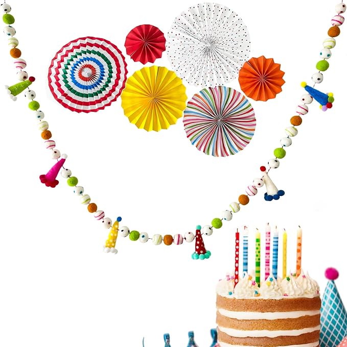 Pre-Strung Birthday Banner Handmade 3D Wool Felt Hats Rainbow Ball Garland | - Image 4