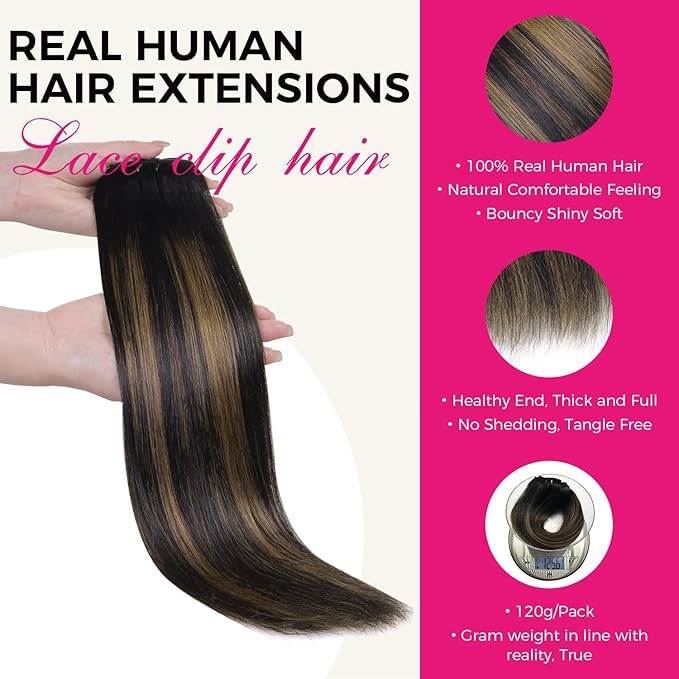 Lashey Clip in Hair Extensions Human Hair 120g 7pcs Straight Clip in Hair Extensions 14 Inch Natural Black Mixed Chestnut Brown Real Human Hair for Black Women Soft