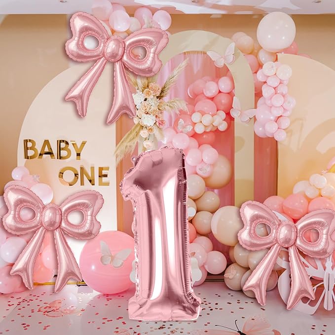 Pink Bow Happy Birthday Balloons, 40” Aluminum Foil Number 1 Balloon - Image 2