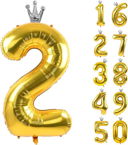 Gold Number 2 Balloon with Crown, 40 inch Gold Number Balloon 2nd Birthday by Yeodong