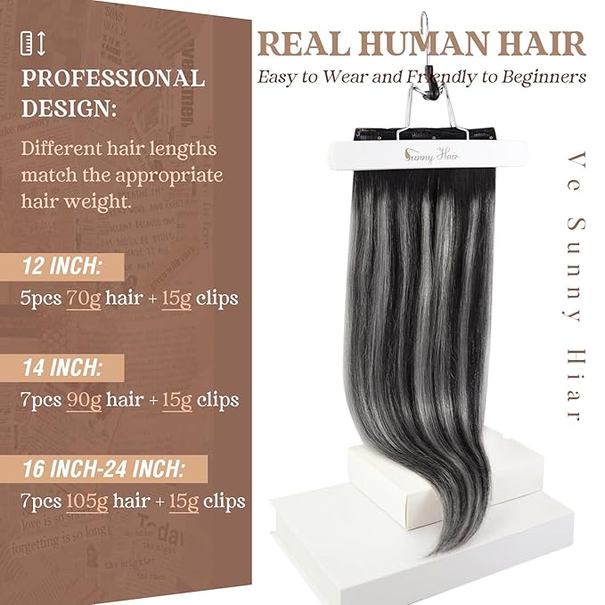 Ve Sunny Clip in Hair Extensions Real Human Hair Black Ombre Clip in Human Hair Extensions for Women Human Clip in Hair Extensions Natural Black Grey Silver Easy-to-wear 7pcs 120g 20inch