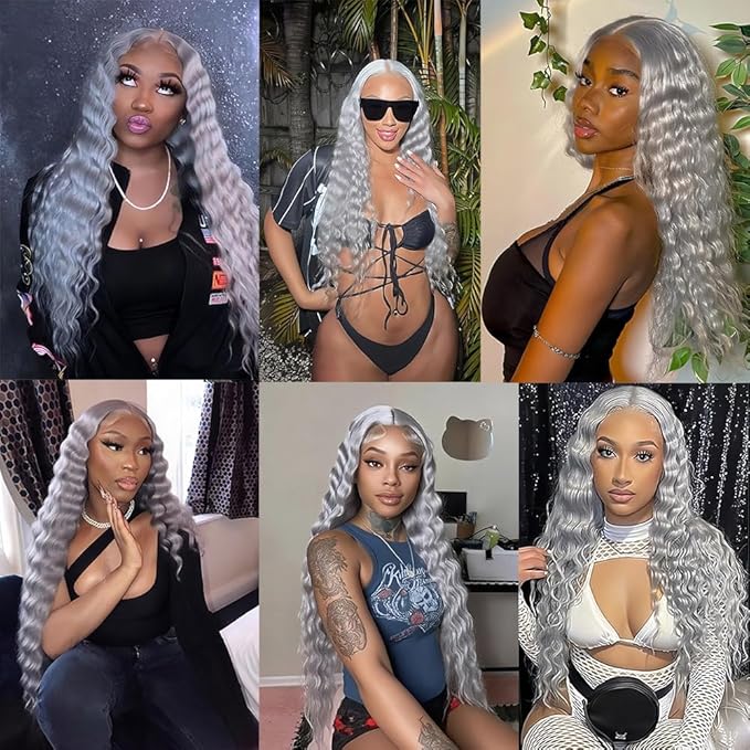 Grey Bundles Human Hair Silver Deep Wave Bundle Niegmeag Brazilian Virgin Remy Hair 3 Bundles 24 26 28 Inch Double Weft Soft And Silky Gray Deep Wave Bundle