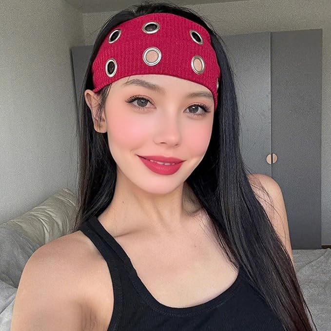 papasgix Grommet Headband for Women, Y2K Elastic Headband Wide Black Hair Band with Holes Metal Rock Style 2000s Hair Accessories (1, White)