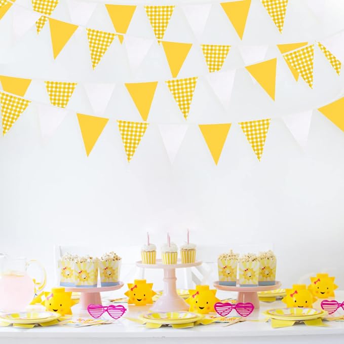 32Ft Yellow Party Decorations Yellow White Plaid Checkered Pennant Banner - Image 3