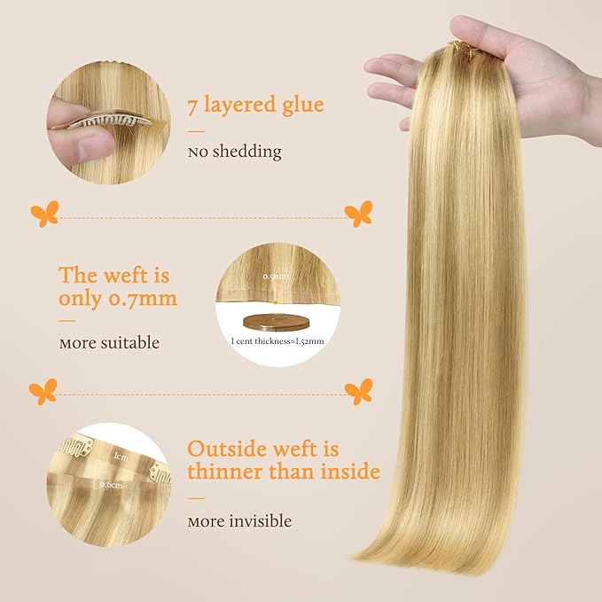 DOORES Hair Extensions Seamless Clip in Real Human Hair, DirtyBlonde Highlight Golden Blonde 24 Inch 120g 7pcs, Human Hair Extensions Skin Weft Remy Straight Hair Invisi Edge Hair Extensions