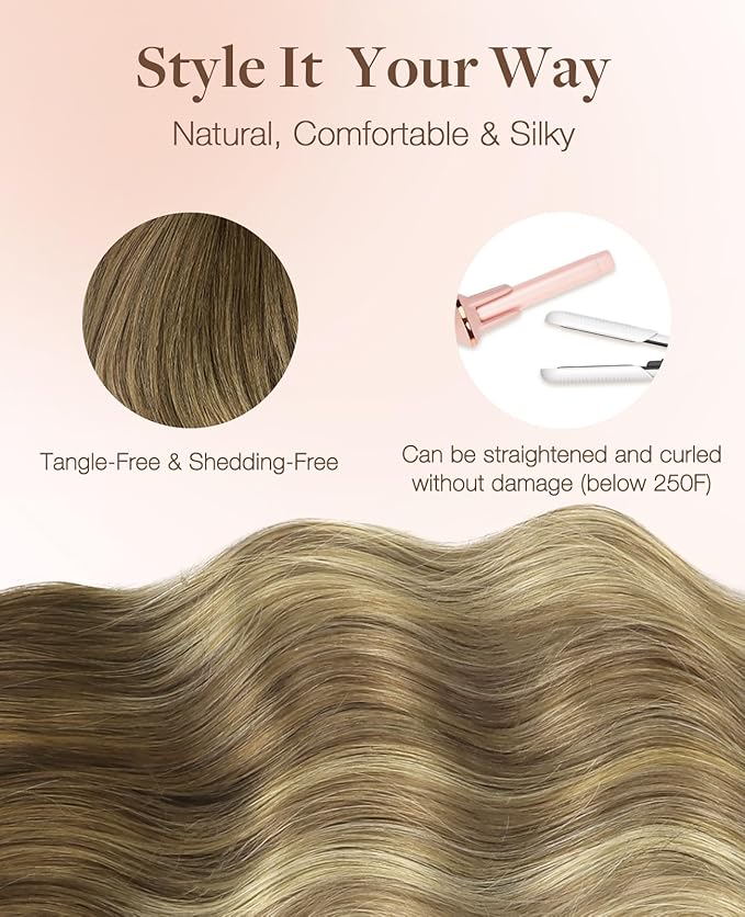 GOO GOO Invisi Edge Tape in Hair Extensions Human Hair, 3/8/613 Walnut Brown to Ash Brown and Bleach Blonde 10pcs injected with 10pcs classical tape ins, 24inch 50g, Virgin Remy Hair, Natural Look