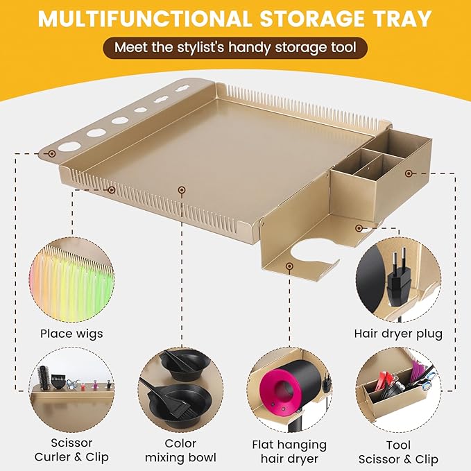 Hair Salon Carts, Champagne Gold Salon Tray for Hair Stylist, Multi-Function Salon Tray, Salon Station(with Wheels), Large Size and Robust,Corrosion-Resistant Adjustable Color Tray.