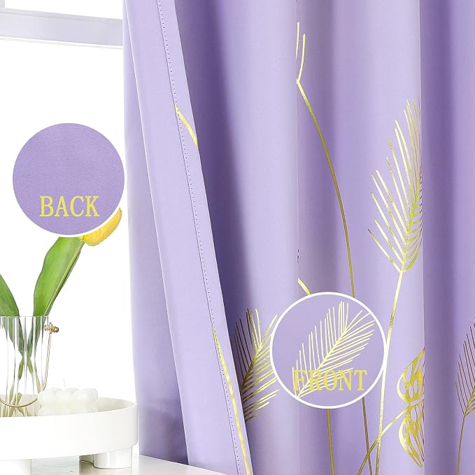 Lilac Blackout Curtains for Bedroom, Room Darkening Gold Palm Tree Pattern - Image 3