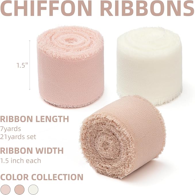 KEOSREE Nude&Cream White&Pink Chiffon Ribbon, 1.5" x21Yd | Handmade Frayed - Image 2