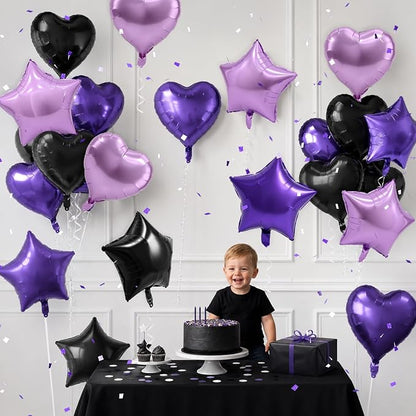 TONIFUL 18 Inch Black Purple Star and Heart Foil Balloons 18PCS Black Purple - Image 5