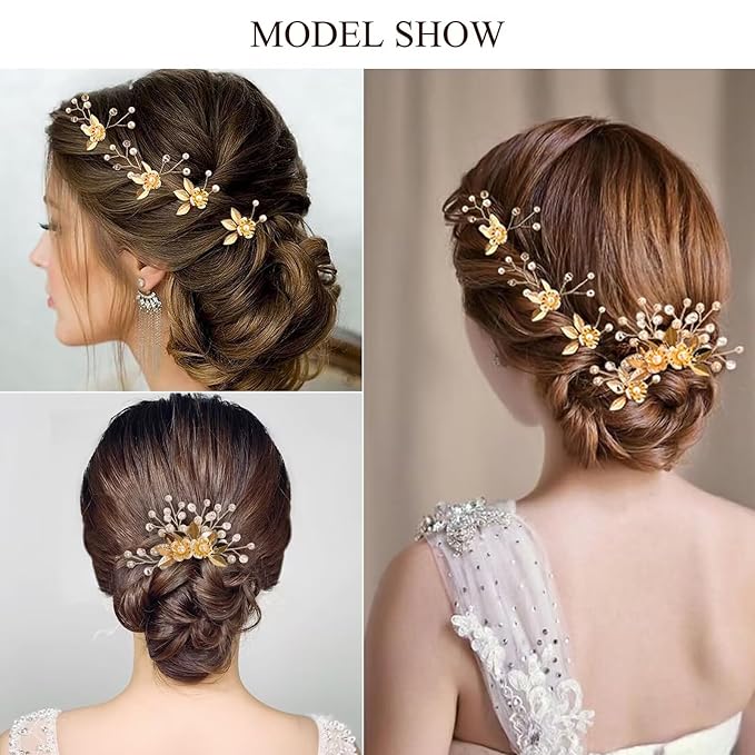 Wedding Hair Pins - Elegant Pearl Leaf Crystal Hair Accessories for Bridal Women (Gold)