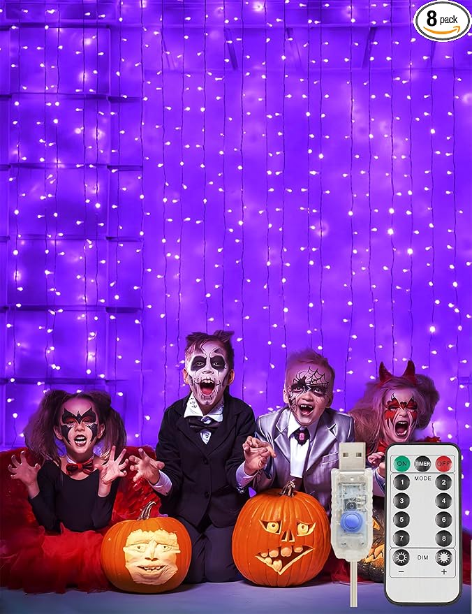 Purple Curtain Lights for Halloween, 200 LED Hanging String Lights by SUDDUS