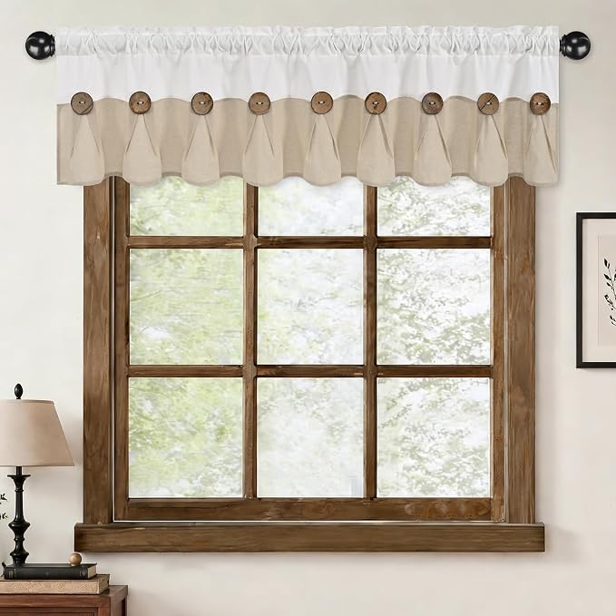 Farmhouse Valance Curtains, Boho Cotton Linen Kitchen Valance, Rustic Button by FRAMICS