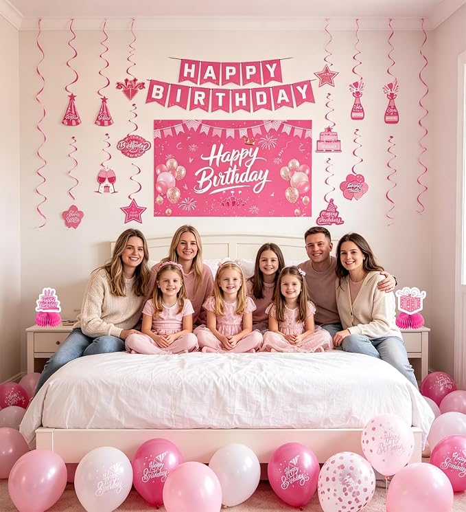 Pink Birthday Decorations for Women | Pre-Strung Happy Birthday Banner - Image 5