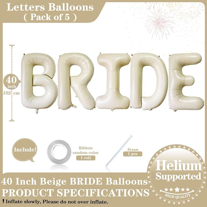 40 Inch Beige BRIDE Balloons, Giant Cream White Letters BRIDE Balloons Foil - Image 2