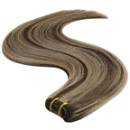YoungSee Sew in Hair Extensions Real Human Hair Highlights Brown with Blonde Weft Extensions Long Straight Human Hair Sew in Extensions Dark Brown Mix Caramel Blonde 22Inch 100G