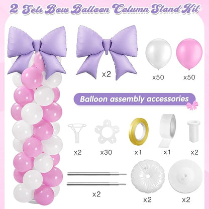 2 Sets Pink Purple White Bow Balloon Column Stand Kit Includes 2 Bows & 100 - Image 3