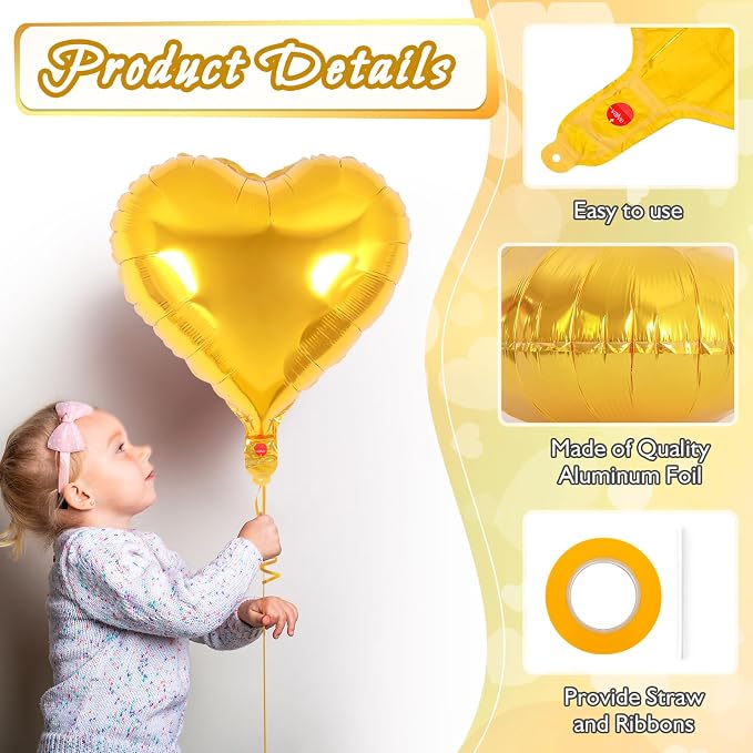 12 Pcs Gold Heart Balloons, 18 Inch Heart Foil Balloons Love Balloon Valentine - Image 5