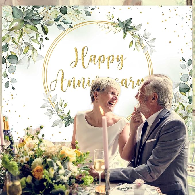8x6ft Happy Anniversary Backdrop Sage Green Eucalyptus Wedding Anniversary - Image 4